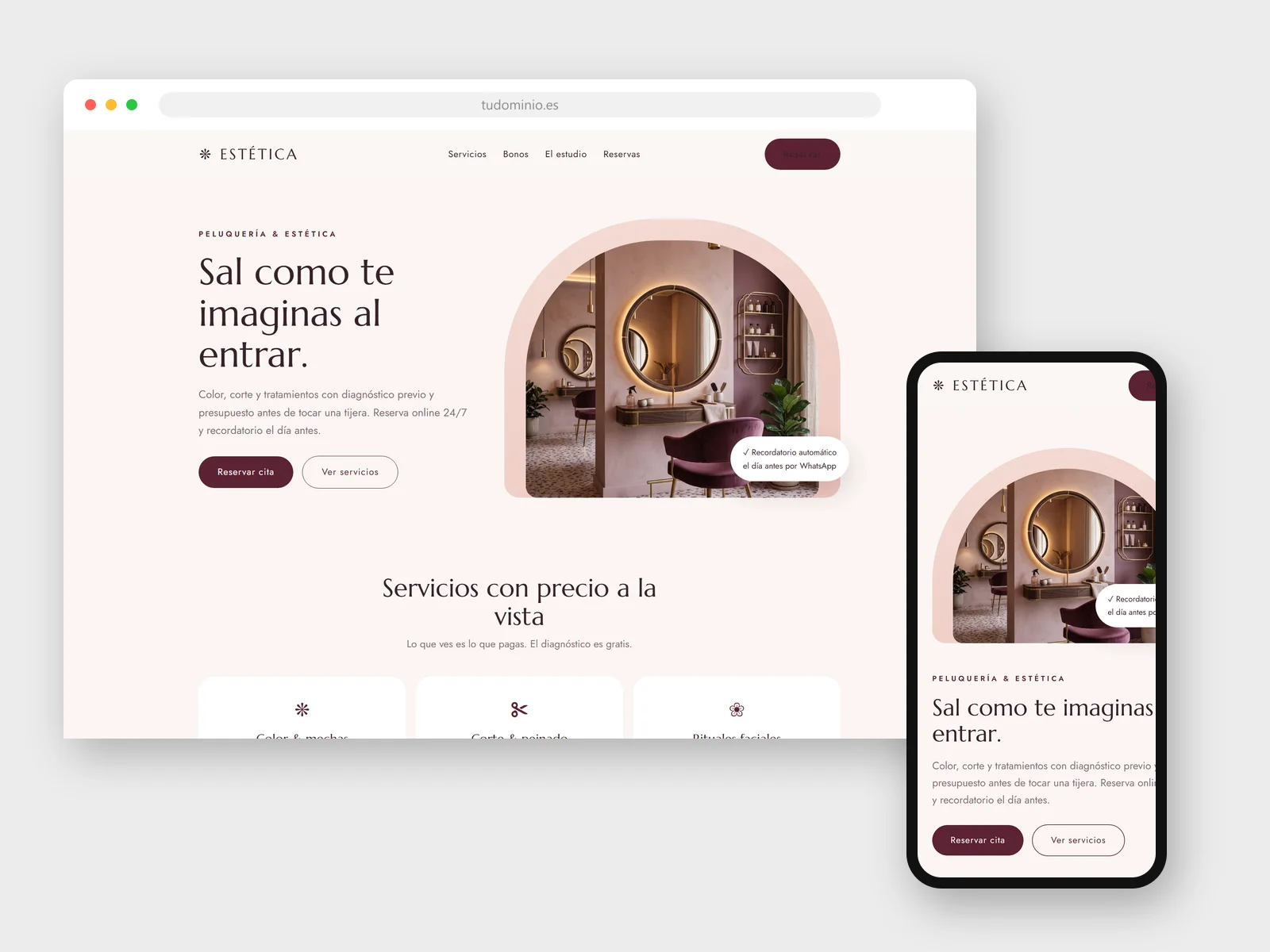 Diseño web para Peluquería y estética: vista en navegador y móvil