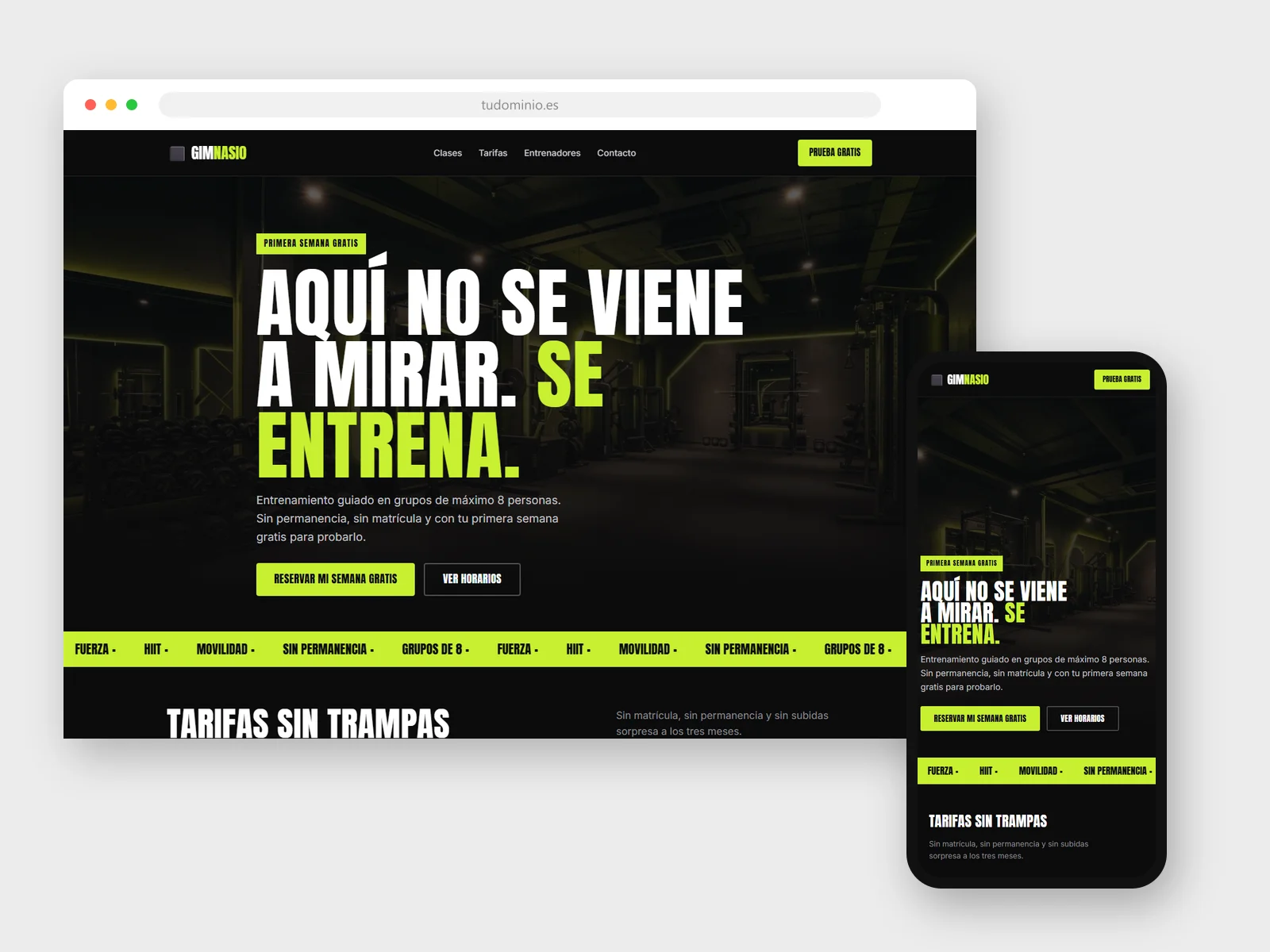 Diseño web para Gimnasio y centro de entrenamiento: vista en navegador y móvil
