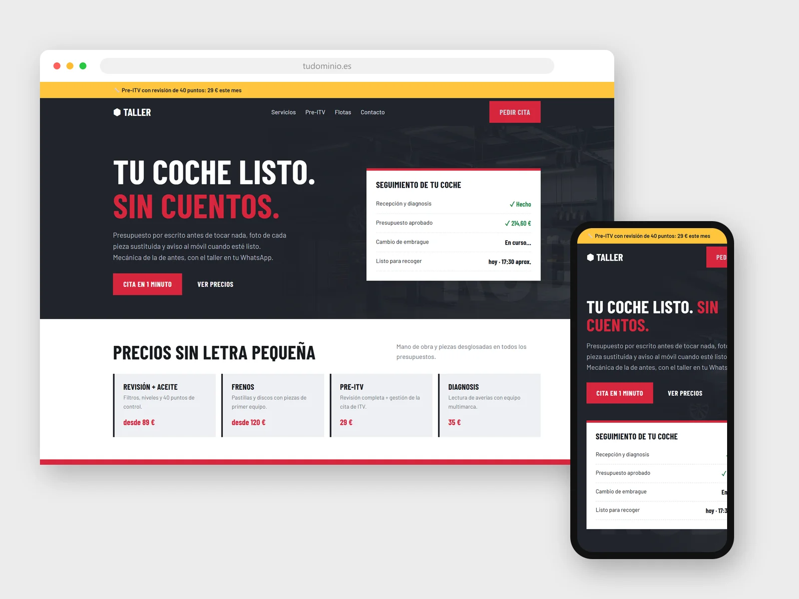 Diseño web para Taller mecánico: vista en navegador y móvil