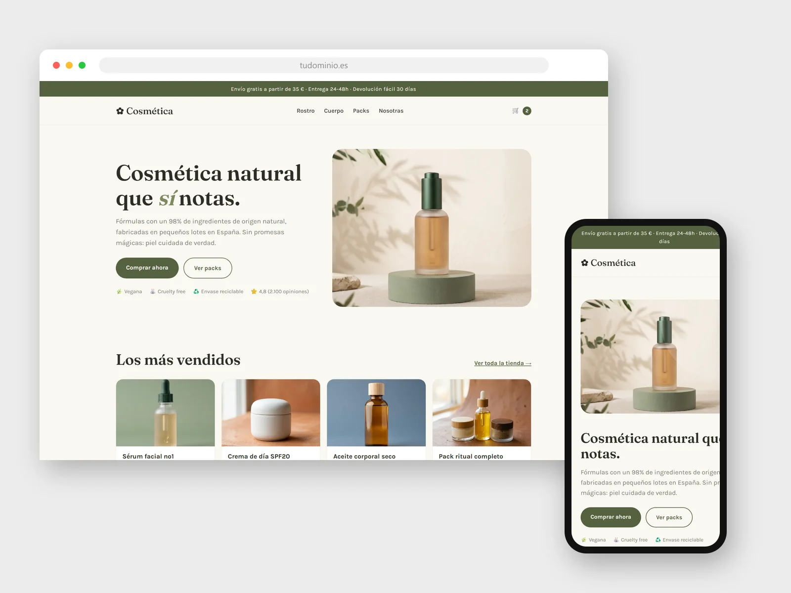 Diseño web para Tienda de cosmética natural: vista en navegador y móvil