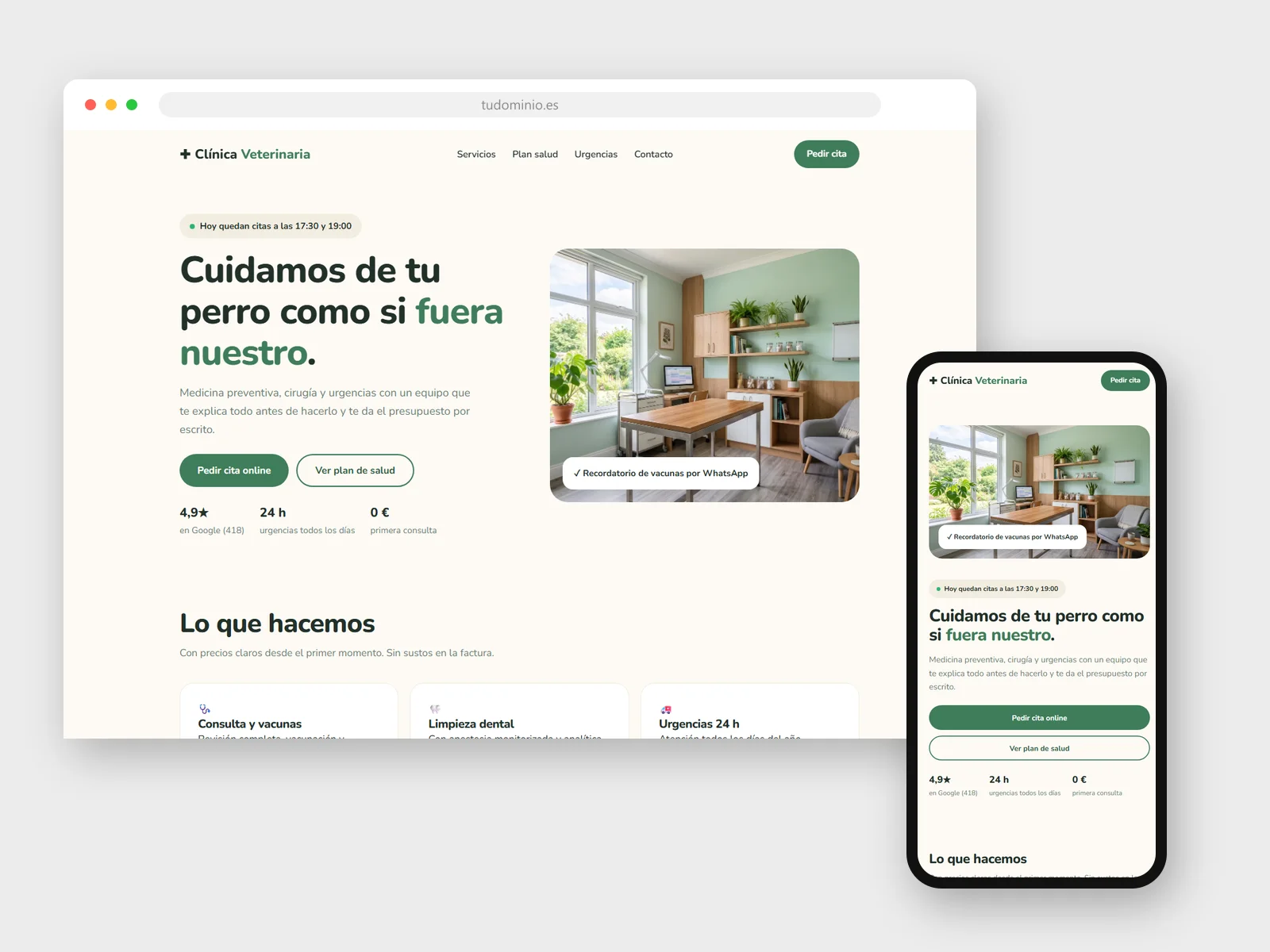 Diseño web para Clínica veterinaria: vista en navegador y móvil